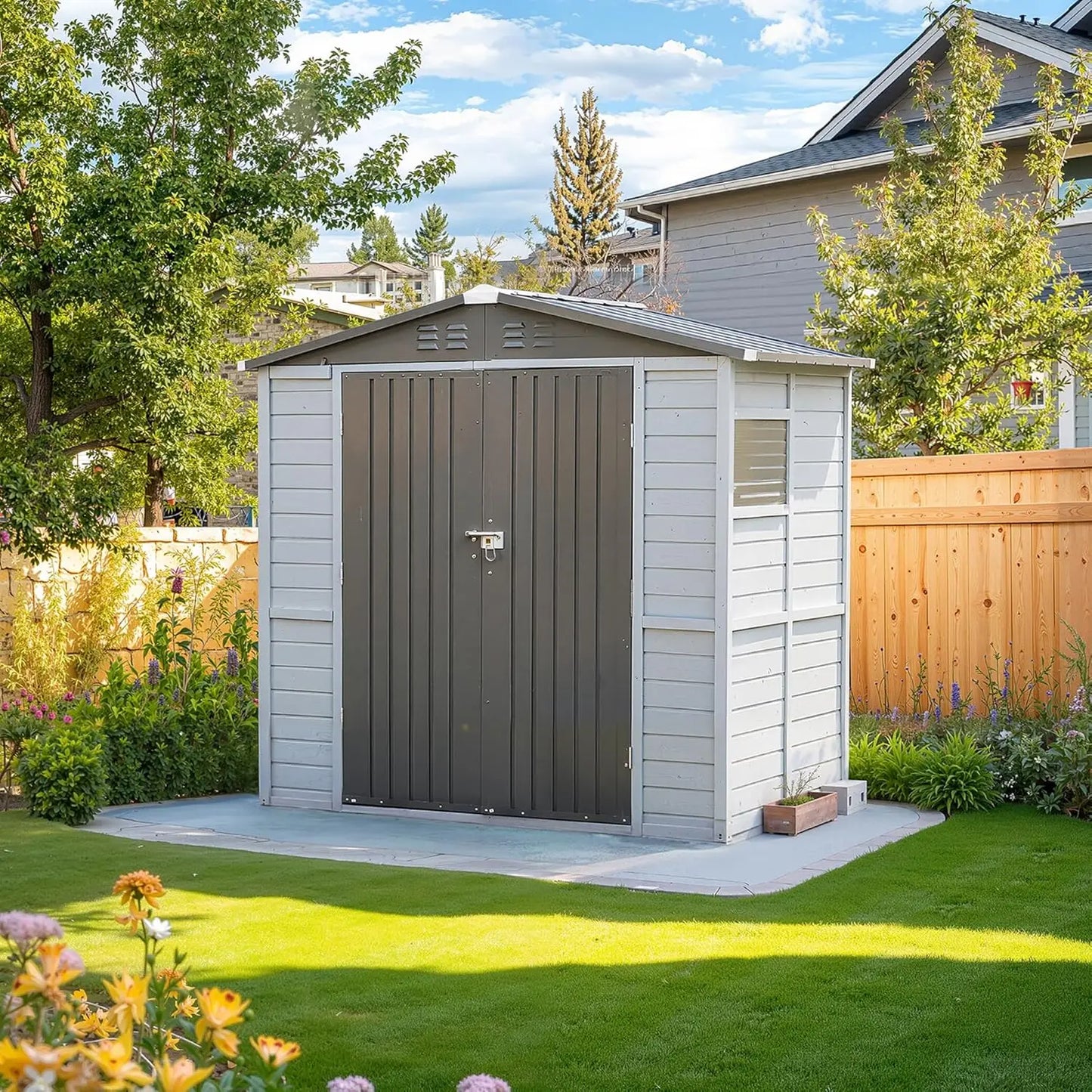 Outdoor Storage Shed With Windows Waterproof Metal And Wood For Patio Backyard