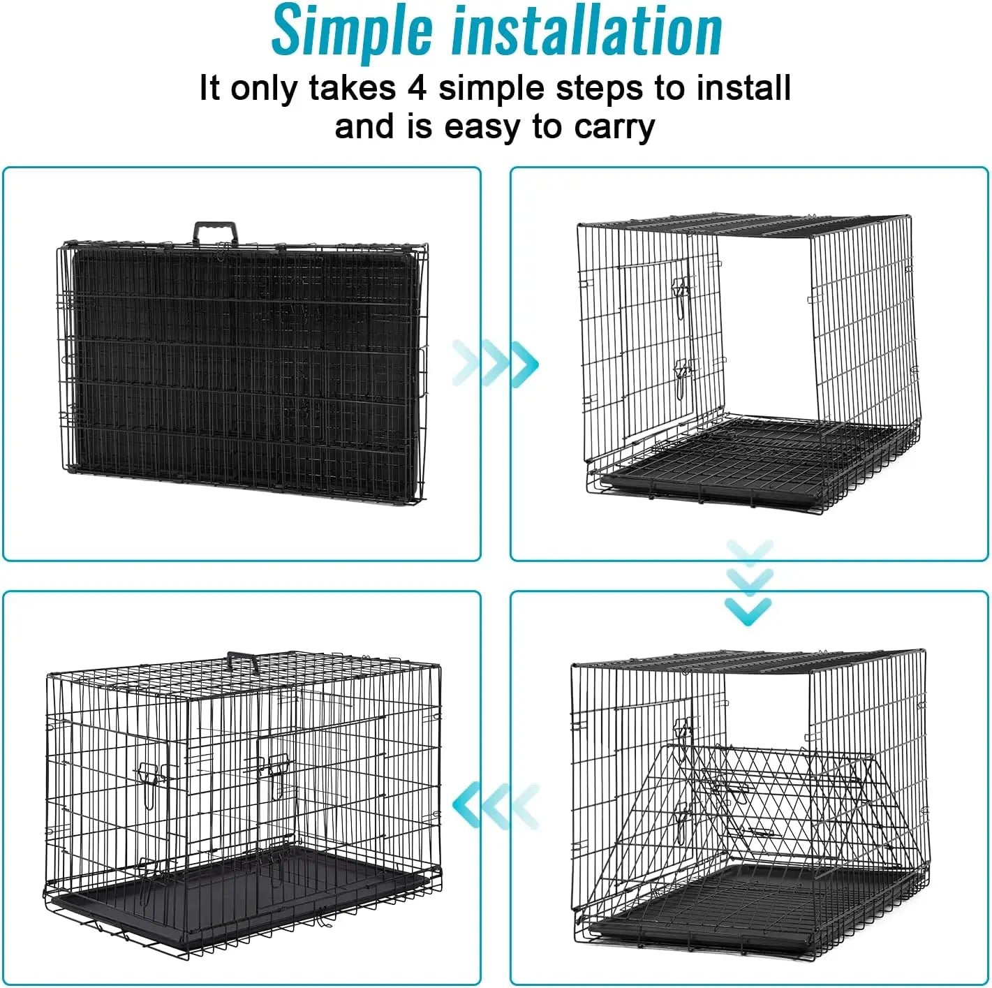 Folding Metal Dog Crate With Double Doors And Tray