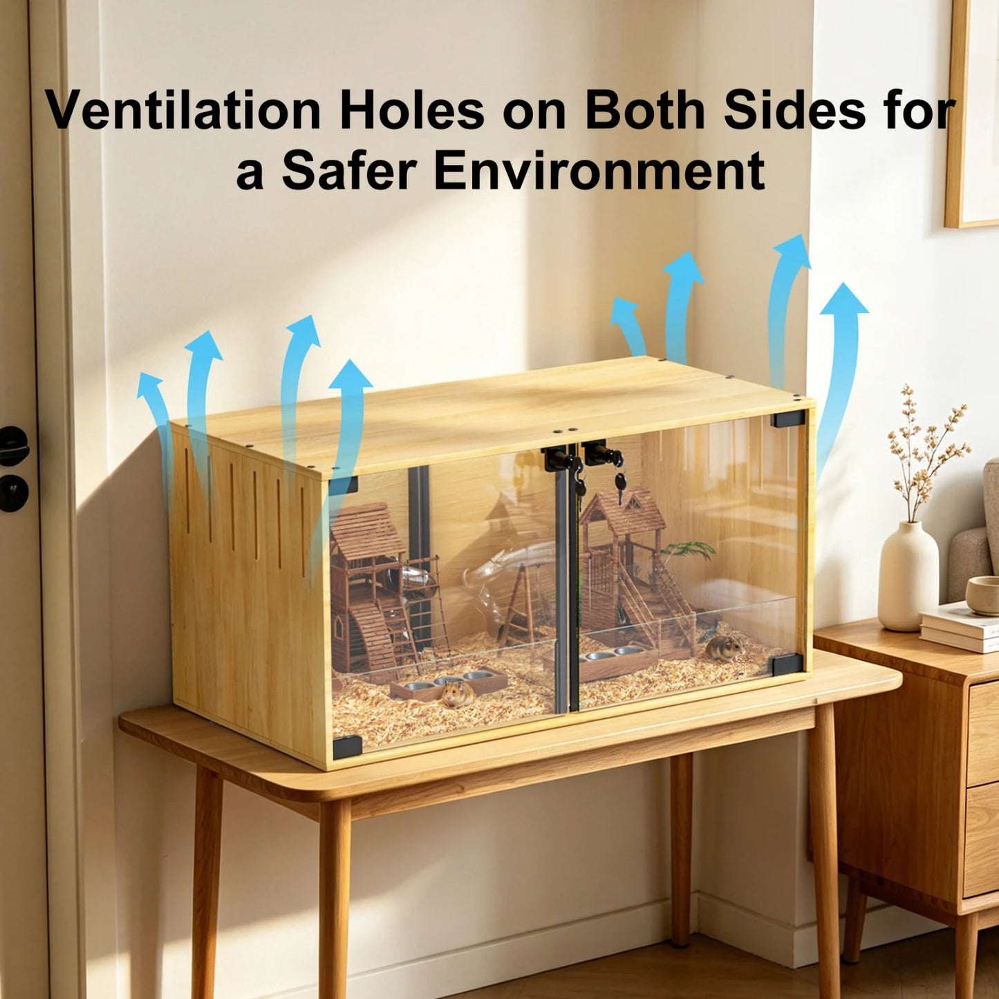 Wooden Small Animal Cage With Removable Divider And Tempered Glass Panels
