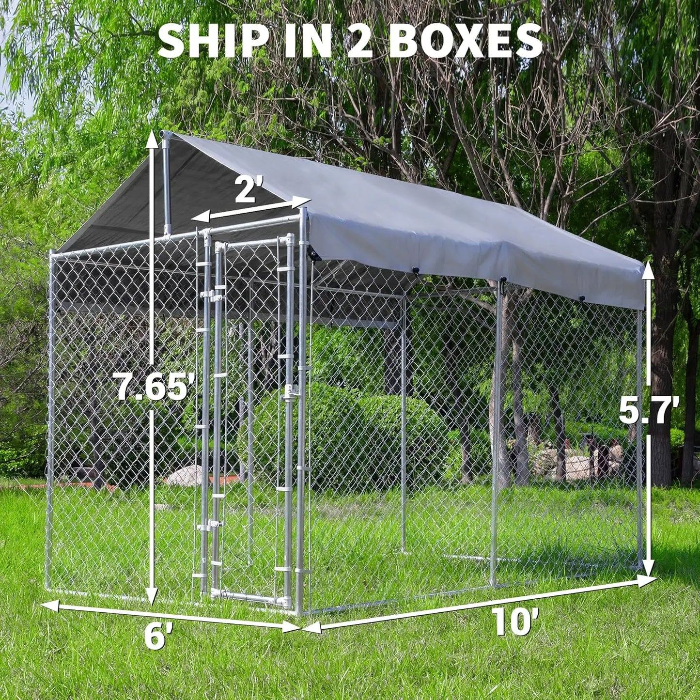 Outdoor Galvanized Dog Kennel With Roof, Lock And Waterproof Cover
