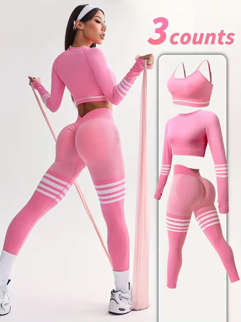 3-Piece Women's Y2K Striped Tracksuit Set Crop Top Leggings Bra