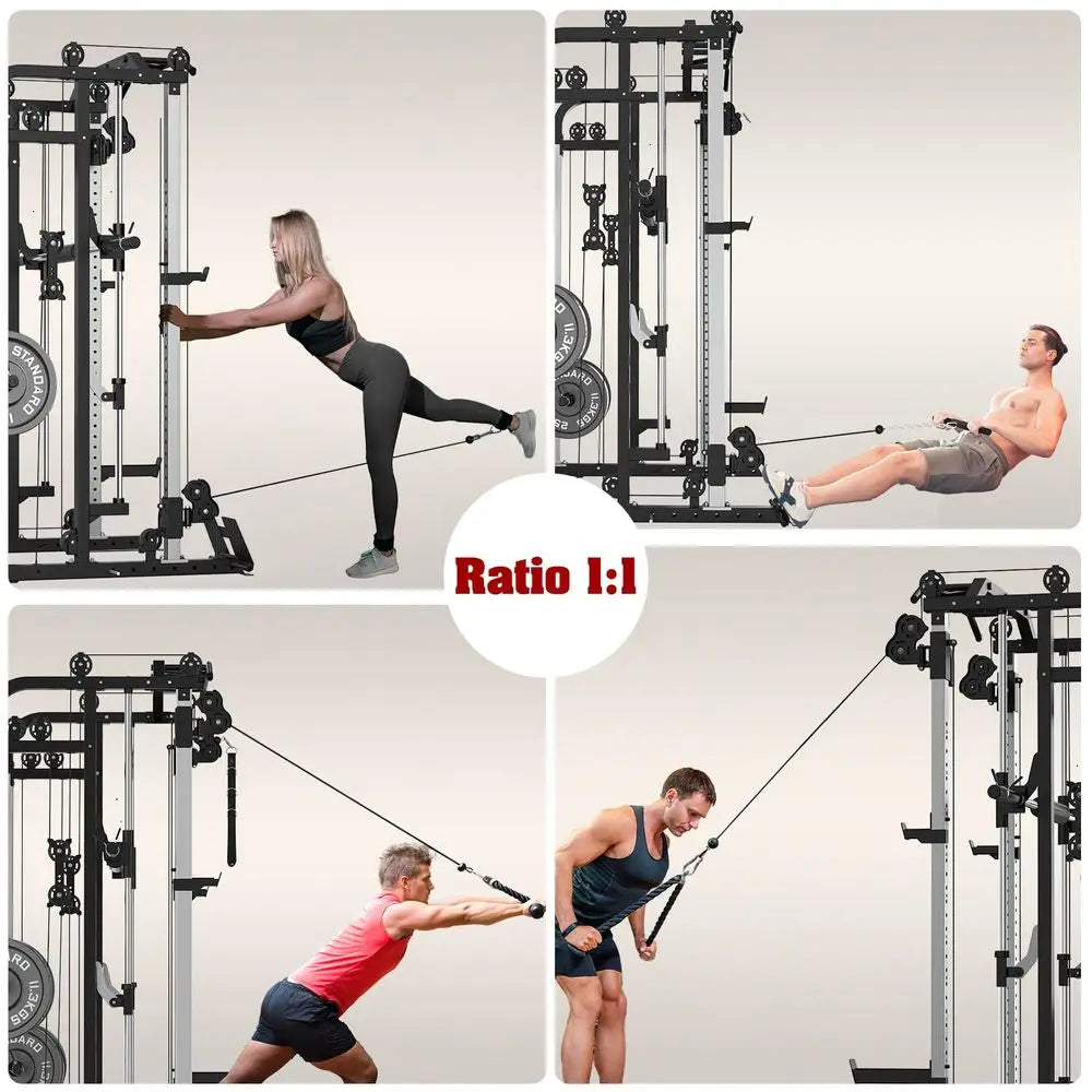 YTYIN Multifunctional Power Cage Rack With Smith Bar Cable Pulley
