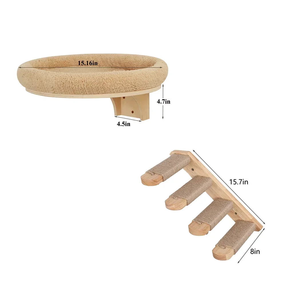 Cat Wall Mounted Solid Pine Wood Climbing Ladder With Hammock And Scratching Post