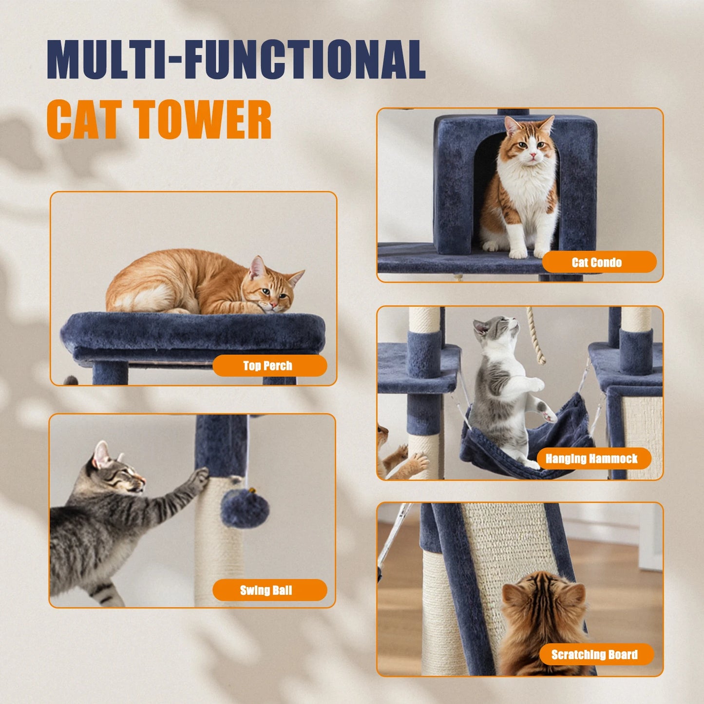 JHK Cat Tree Tall Multi Cat Climbing Tower With Natural Sisal Scratching Posts