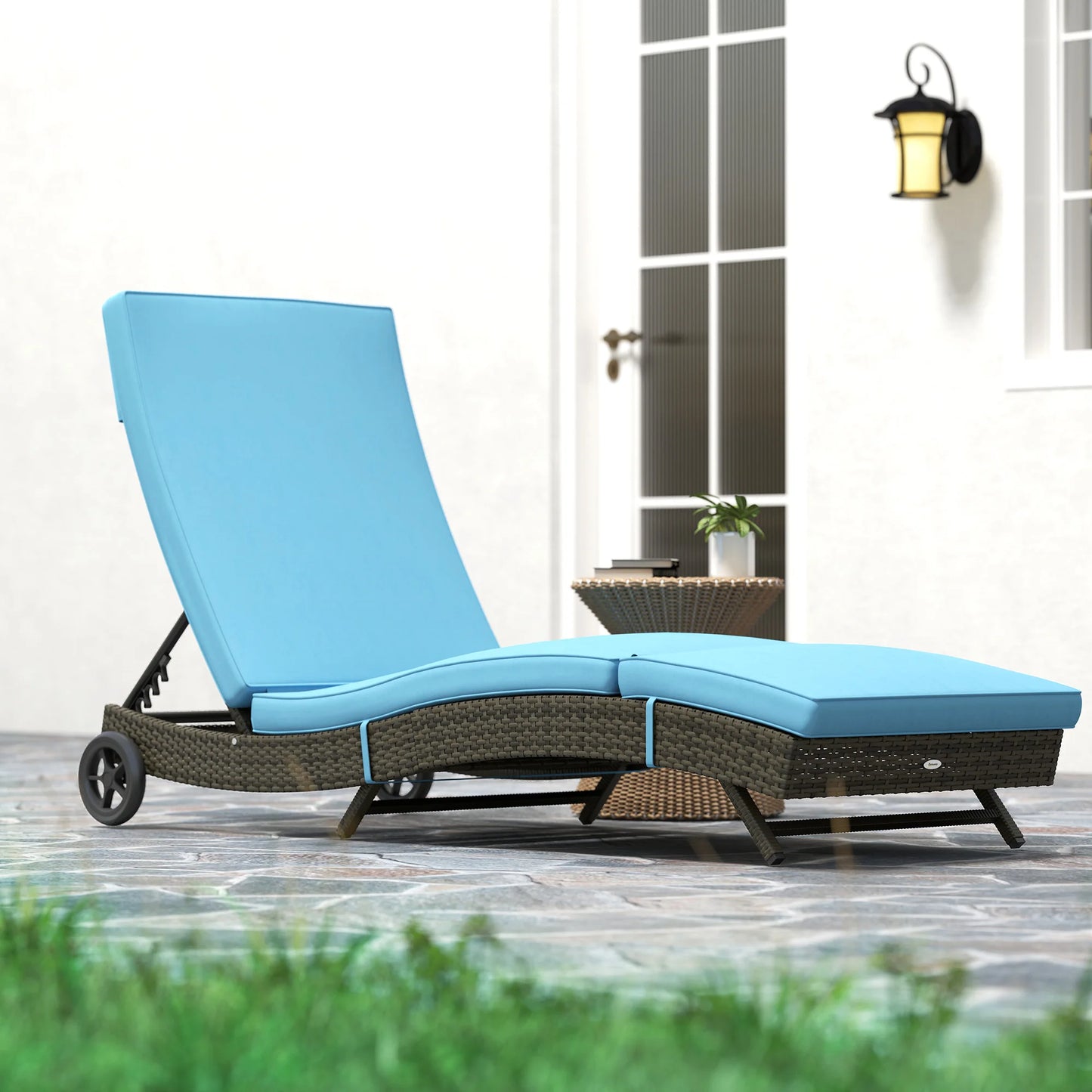 Outsunny Outdoor Reclining Lounge Chair On Wheels PE Wicker