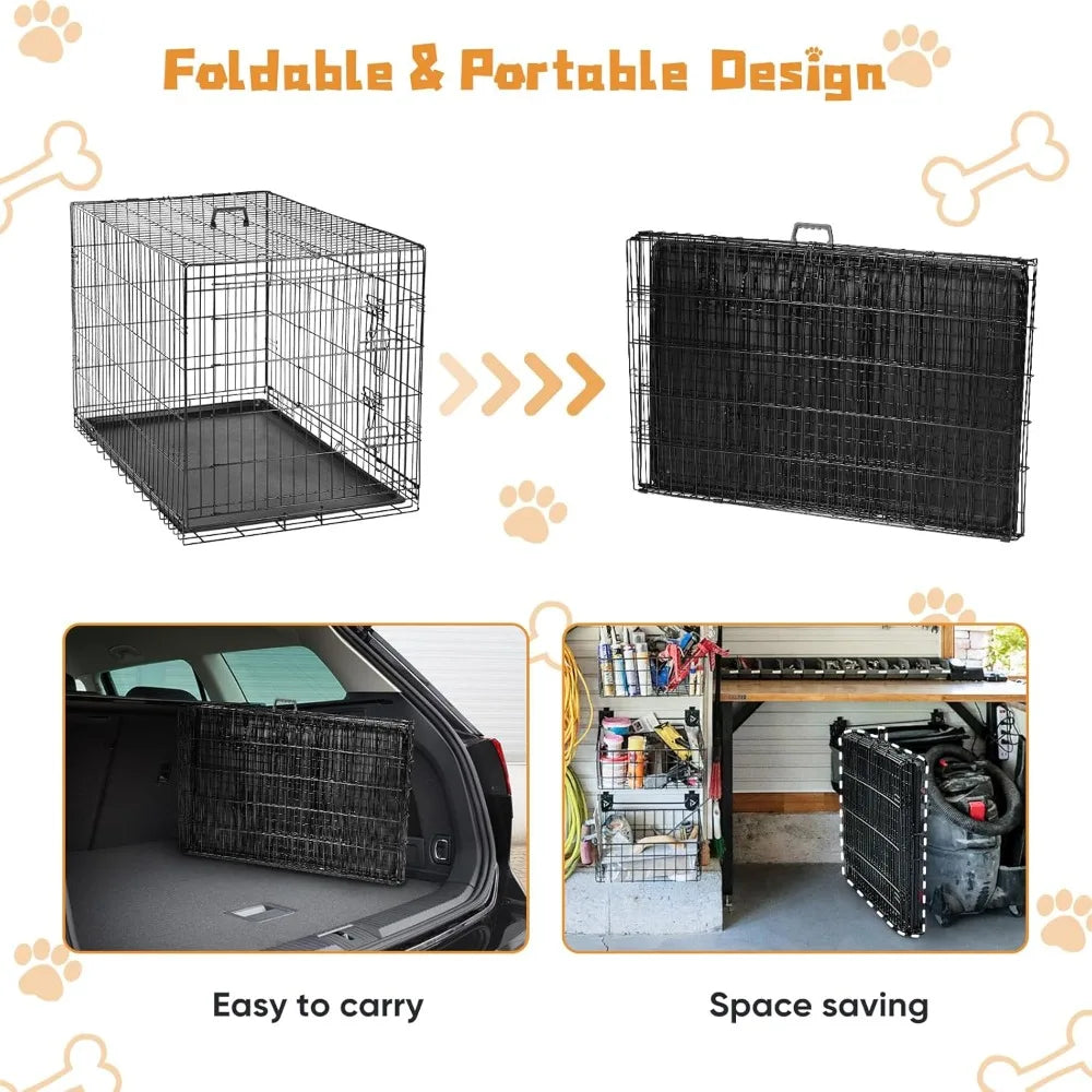 Dog Crate Double Door Metal Wire Foldable Cage With Leak-Proof Pan Tray