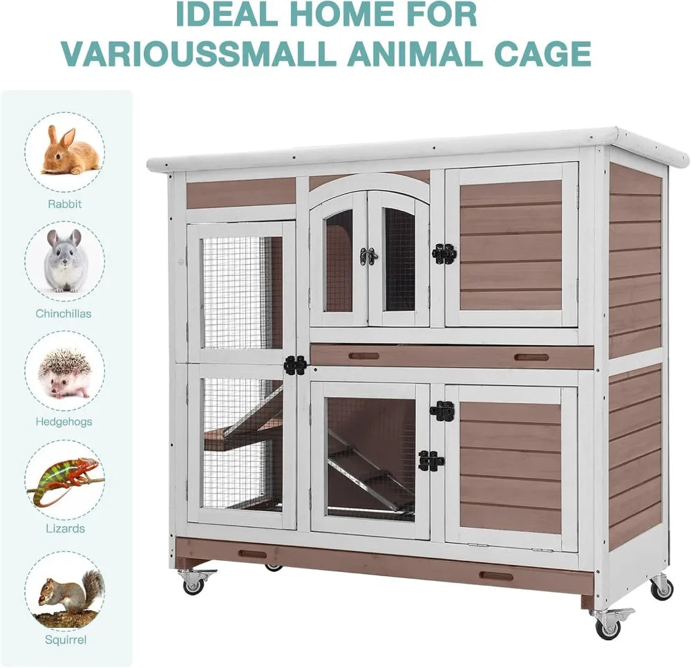 Wooden Rabbit Hutch Indoor Cage With Trays Wheels Ramp