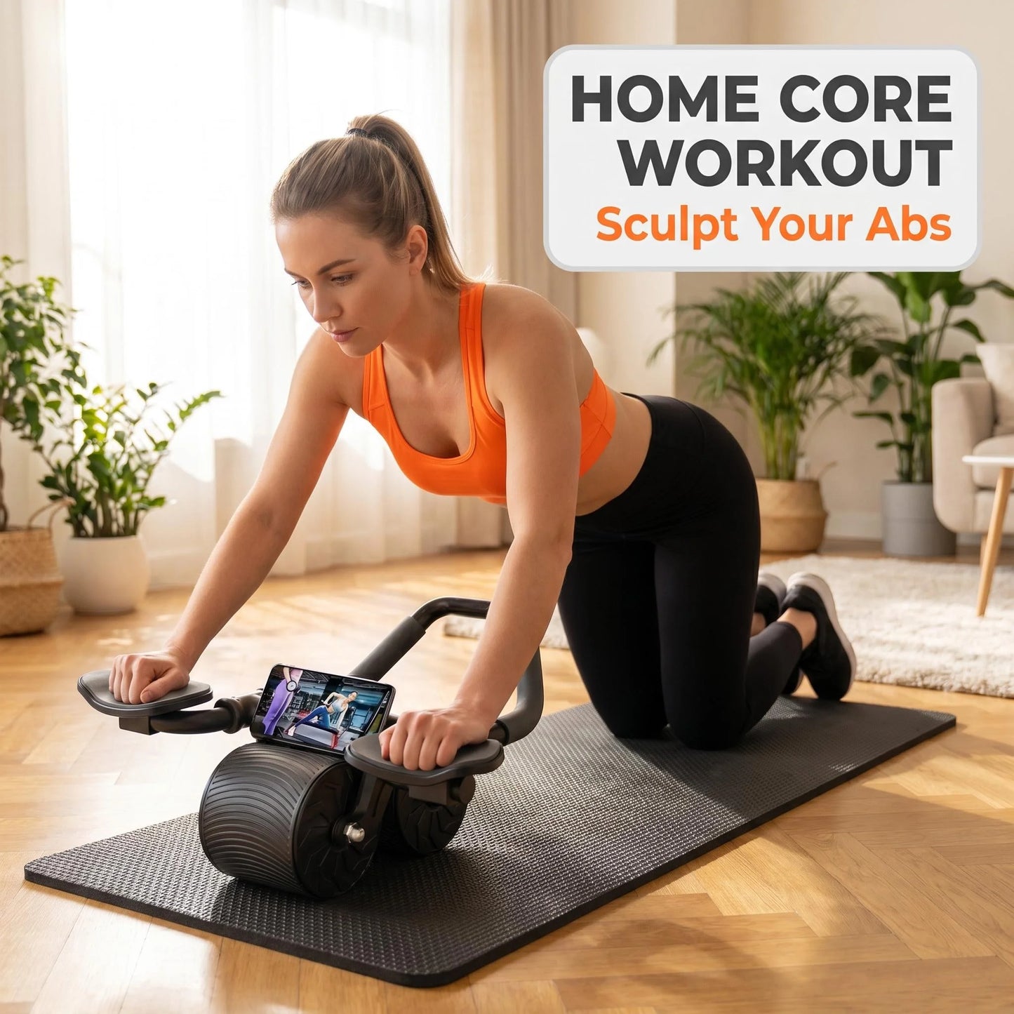 3 In 1 Ab Roller With Knee Pad Phone Holder Timer For Home Fitness