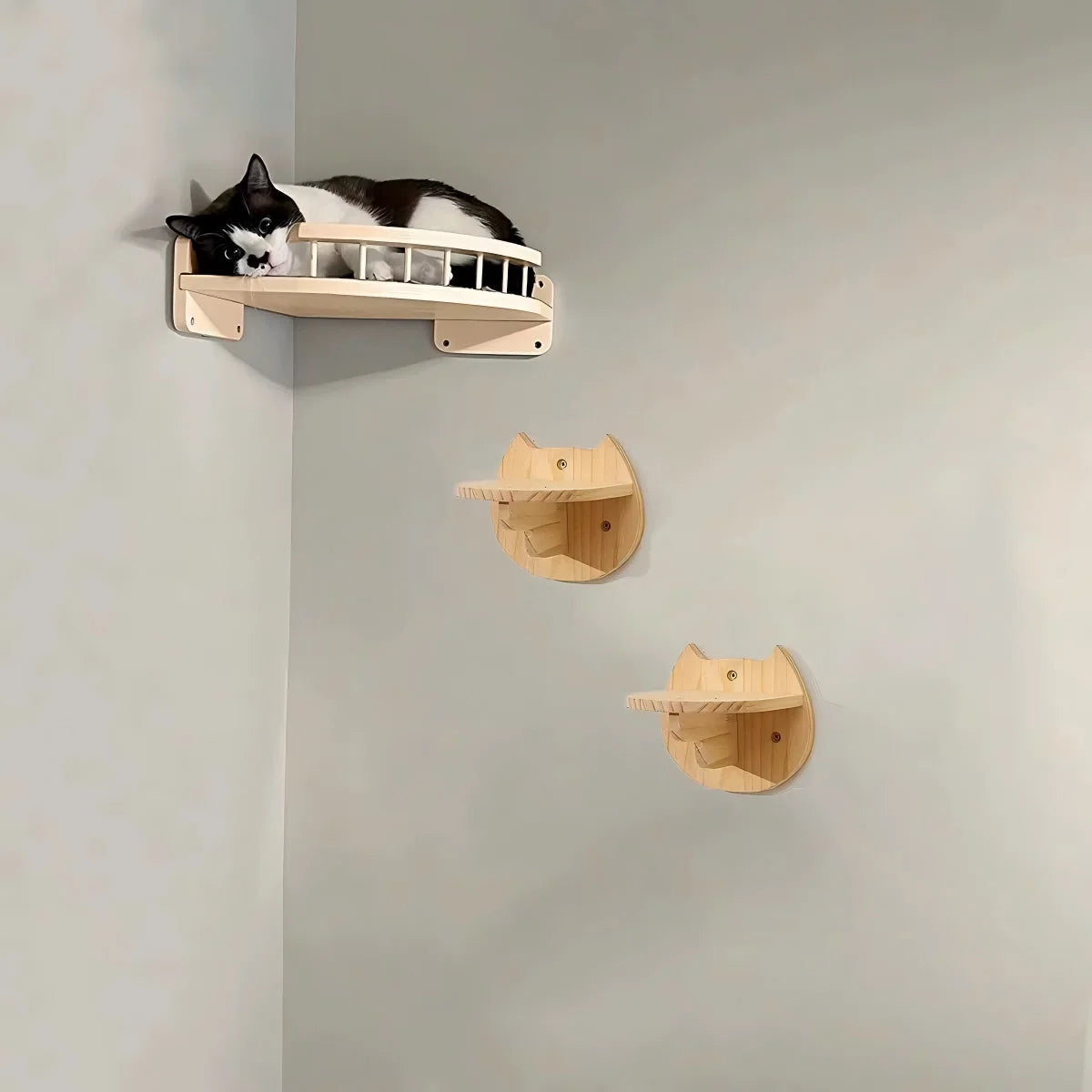 CWV Corner Cat Hammock With Steps Wall Mounted Cat Tree Indoor Pine Wood