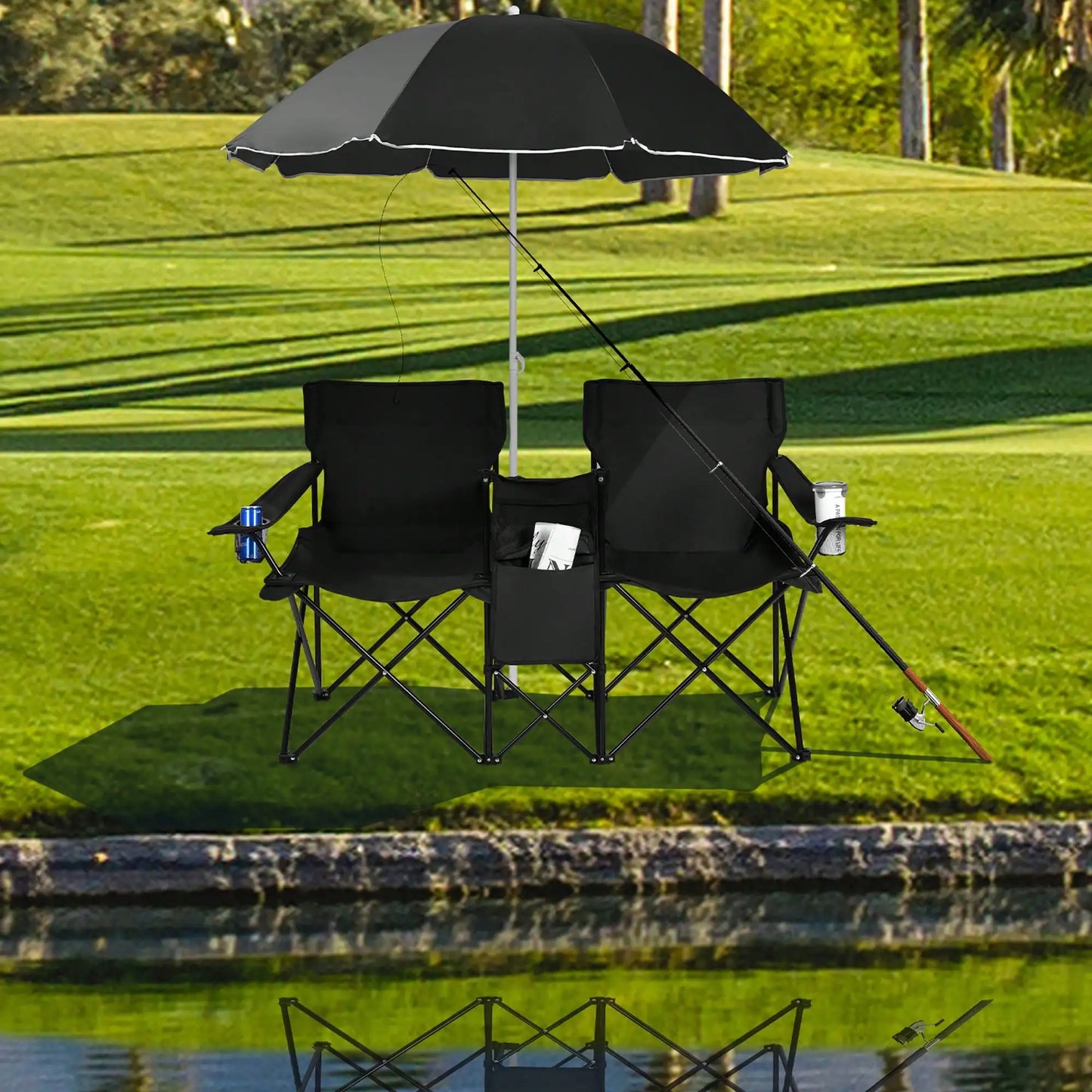 Folding Double Picnic Chair With Umbrella Table Cooler