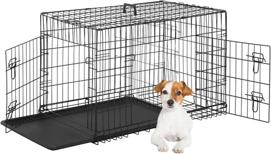Folding Metal Dog Crate With Double Doors And Tray
