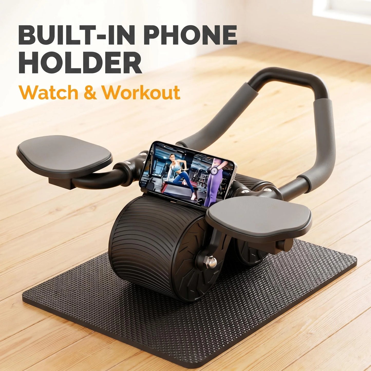 3 In 1 Ab Roller With Knee Pad Phone Holder Timer For Home Fitness