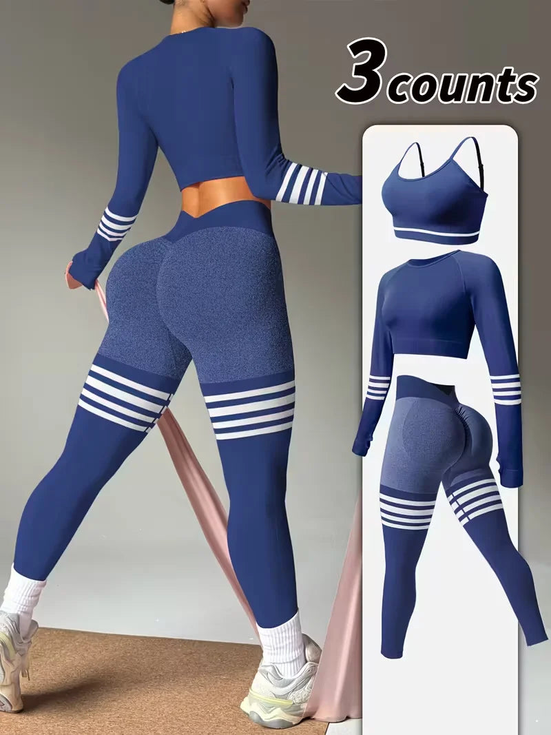 3-Piece Women's Y2K Striped Tracksuit Set Crop Top Leggings Bra