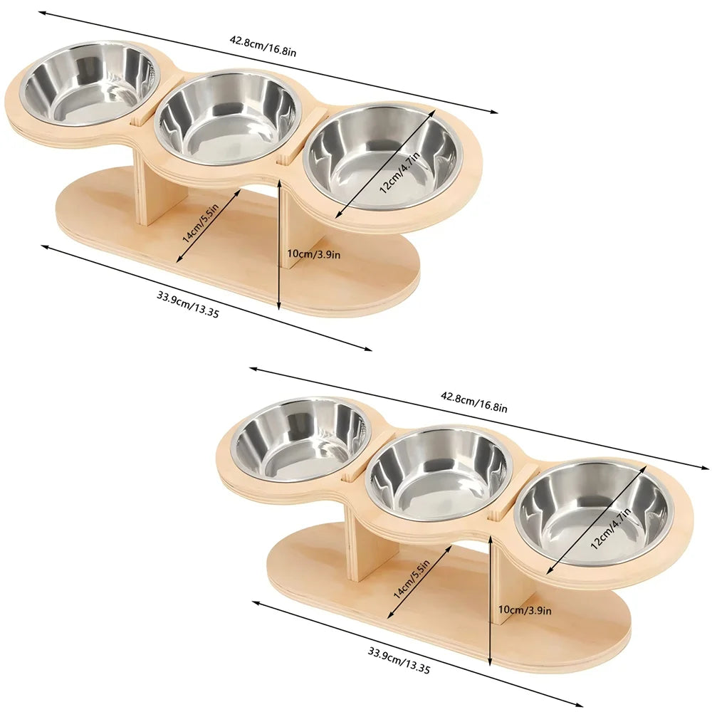 Cat 3-Bowl Raised Feeder With Tilted 15-Degree Stainless Steel Bowls