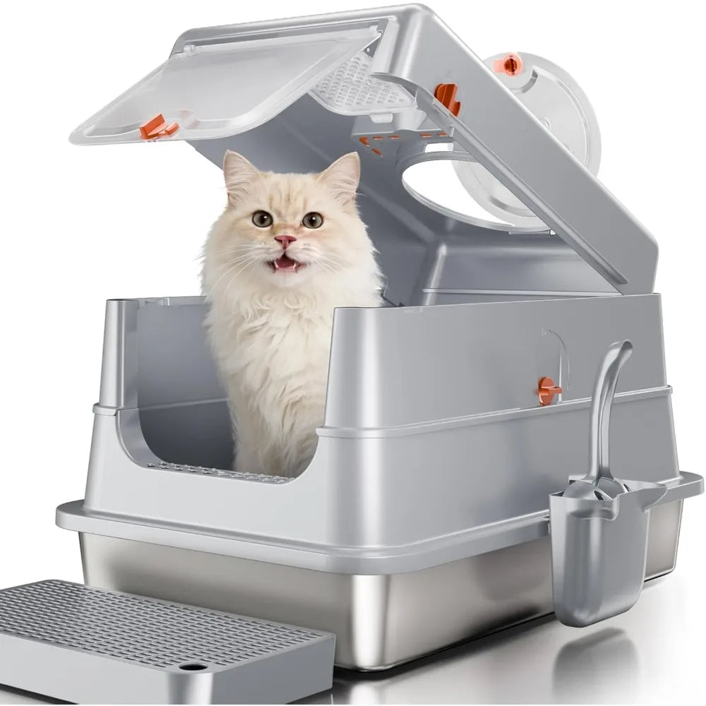 XIUWO Enclosed Stainless Steel Cat Litter Box With Leak Proof Odor Control
