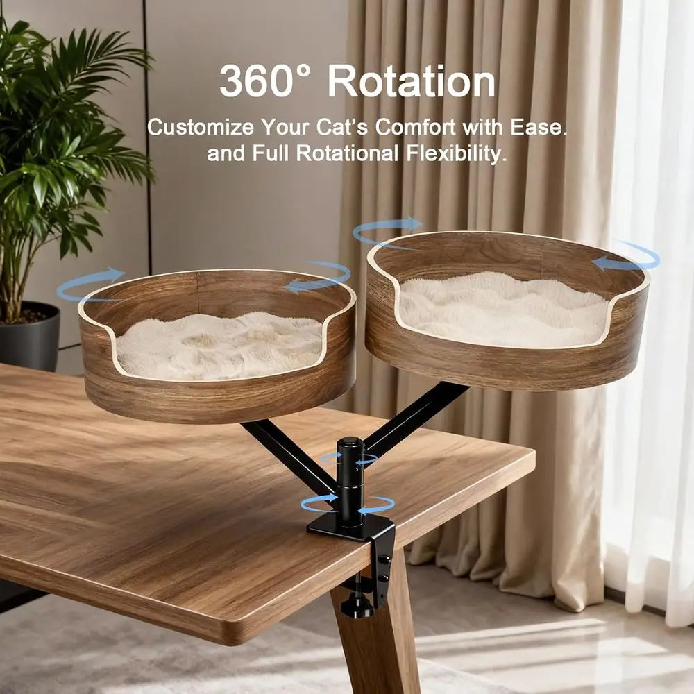 Double Cat Desk Bed With 360 Rotation Walnut Finish