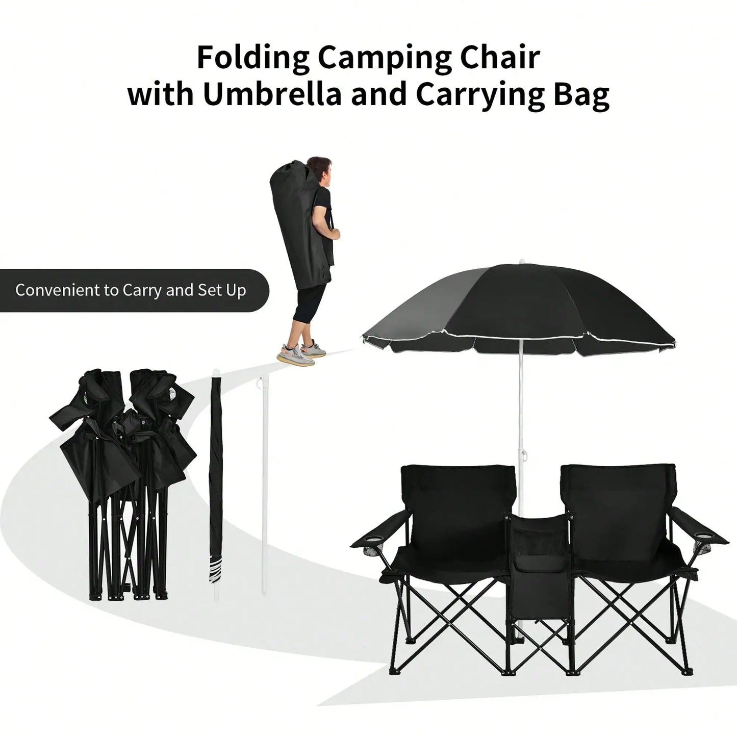 Folding Double Picnic Chair With Umbrella Table Cooler