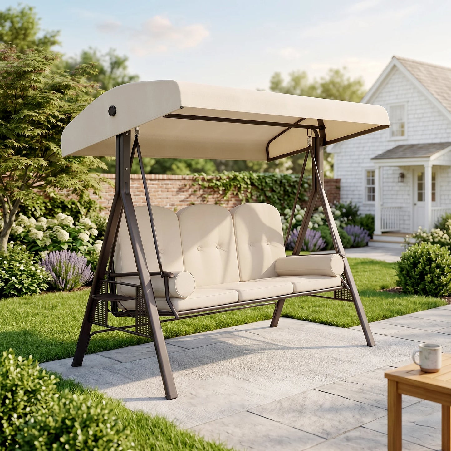 3 Person Outdoor Canopy Cushioned Patio Glider Swing Seat