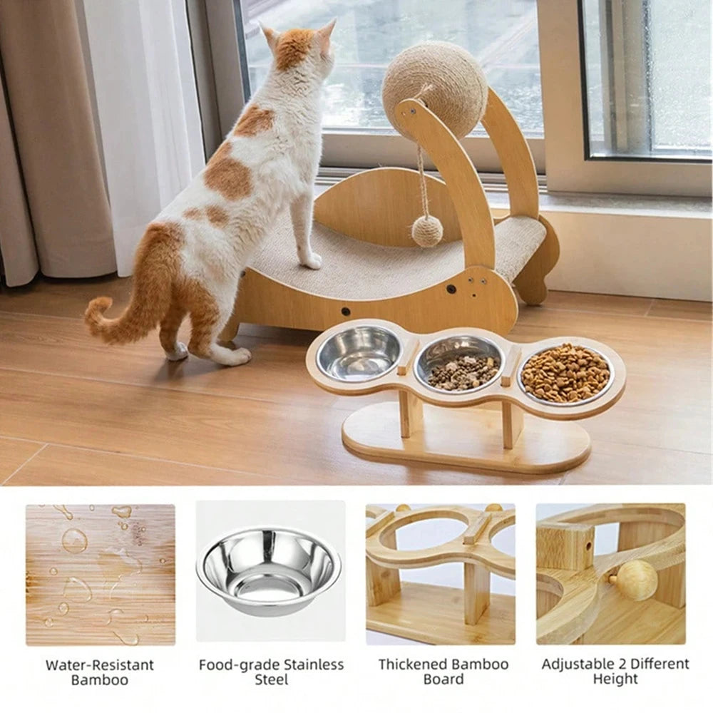 Cat 3-Bowl Raised Feeder With Tilted 15-Degree Stainless Steel Bowls