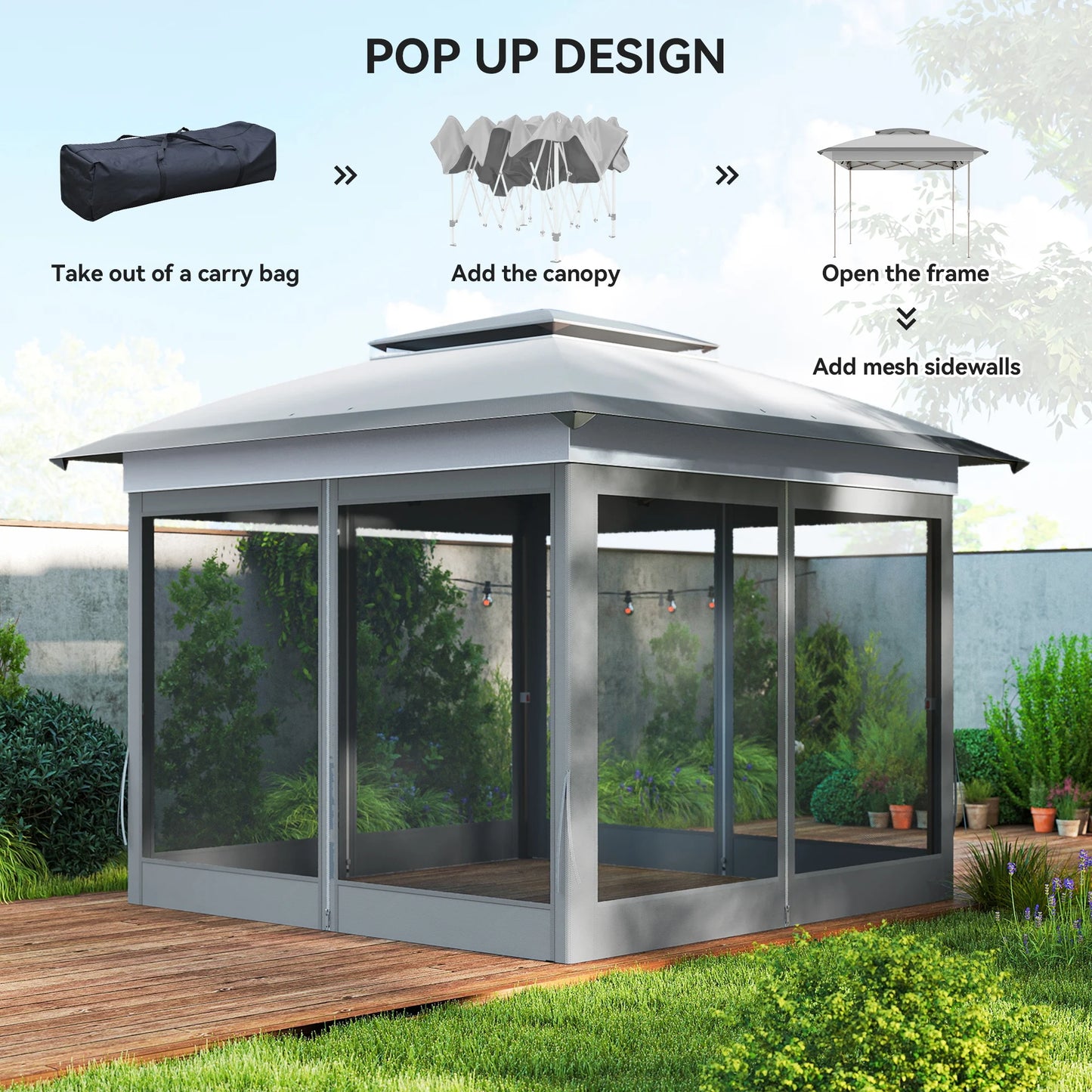 Backyard Party Cabana Gazebo With Three Level Height Adjustment And Mesh Walls