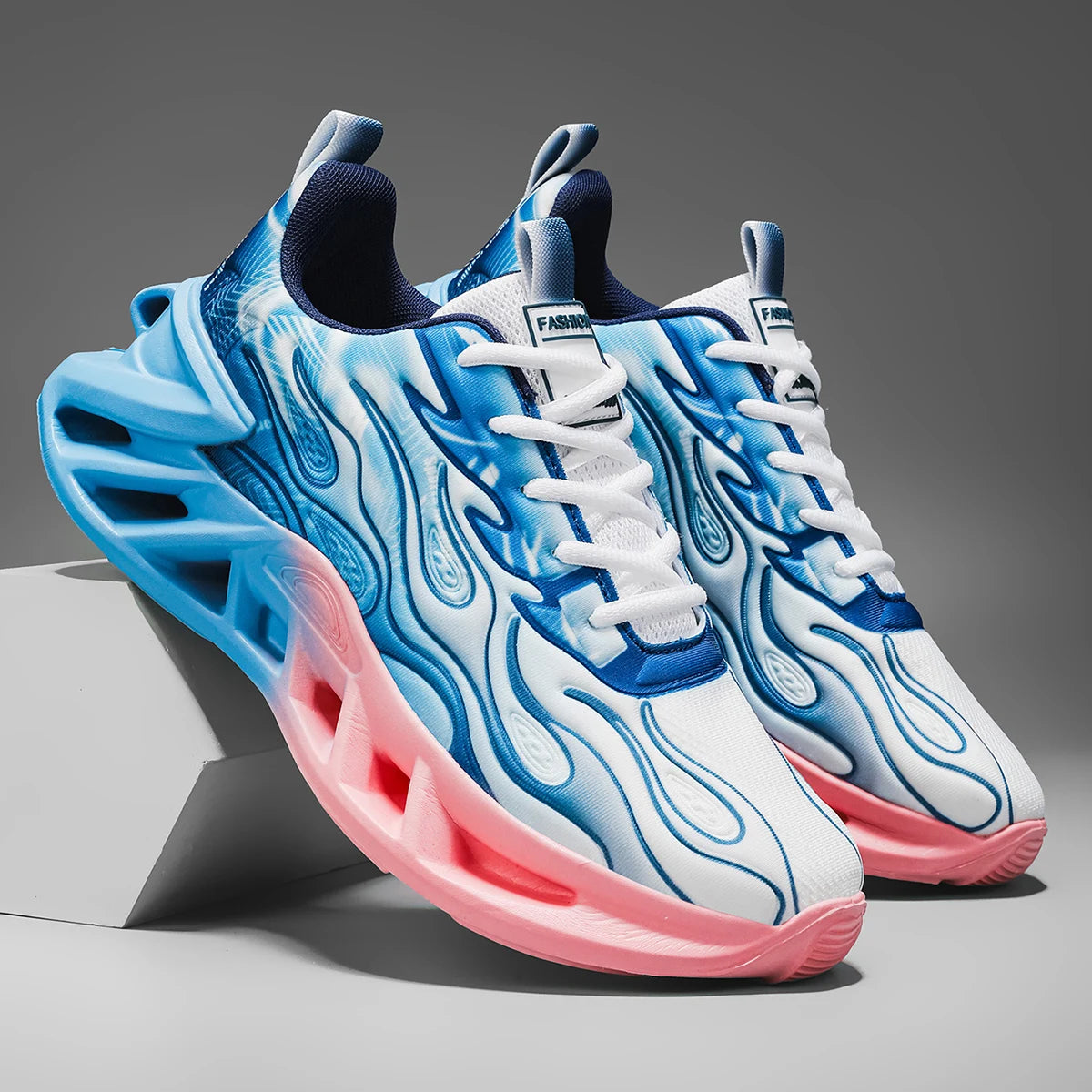 Unisex Flame Print Gradient Sneakers With Breathable Mesh Running Shoes