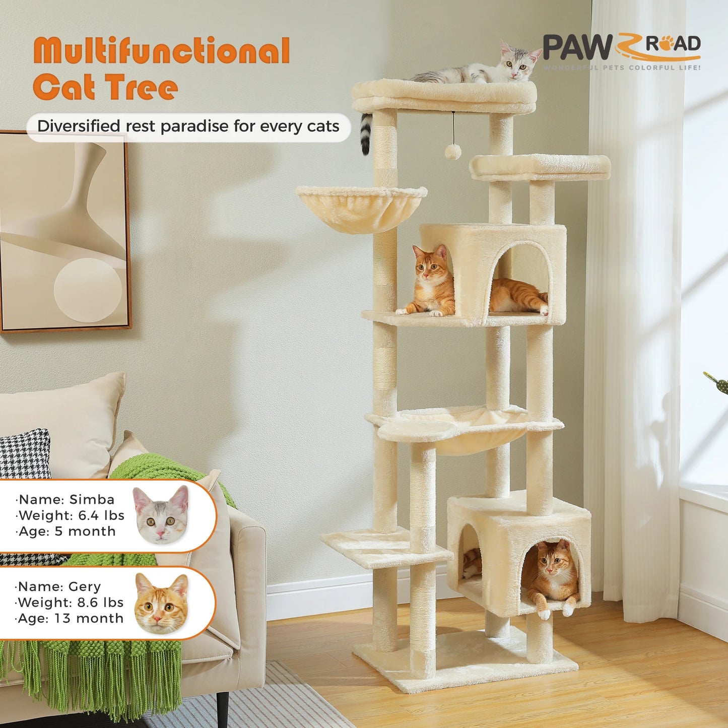 PAWZ Road Five Tier Indoor Cat Tree With Hammock And Scratching Posts