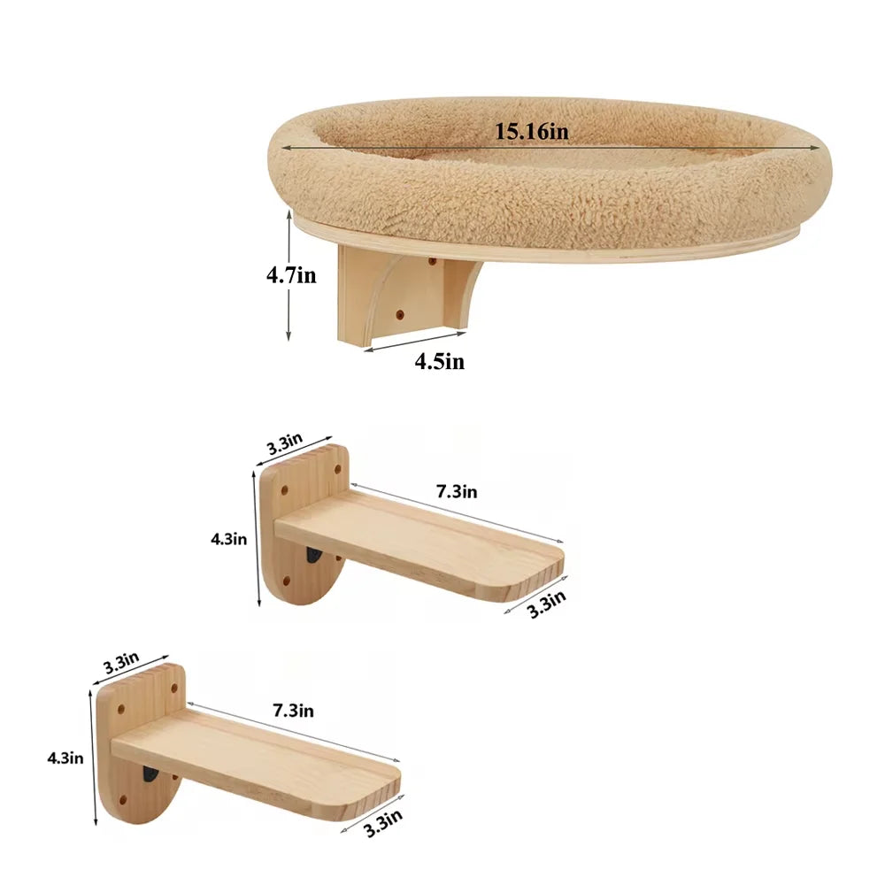 Cat Wall Mounted Solid Pine Wood Climbing Ladder With Hammock And Scratching Post