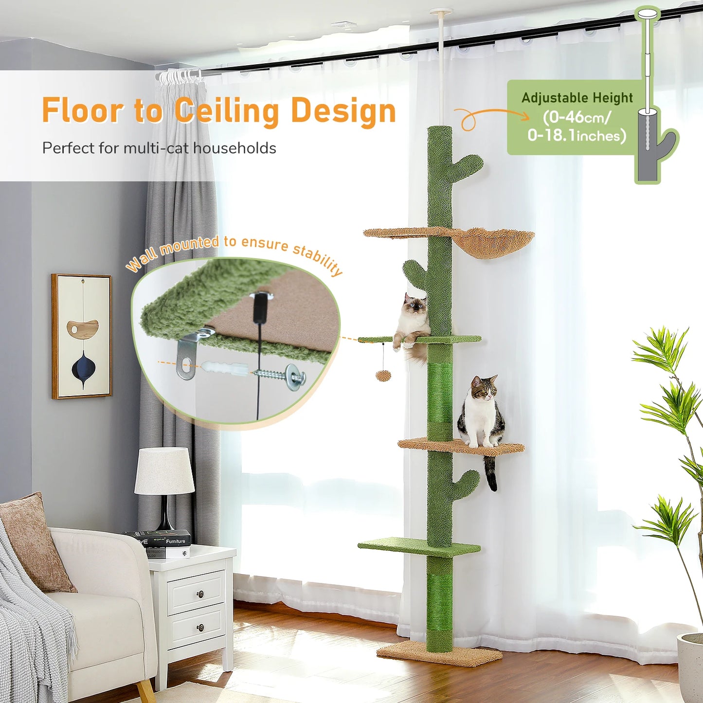 PAWZ Road 5-Tier Floor-To-Ceiling Cat Tree With Scratching Post