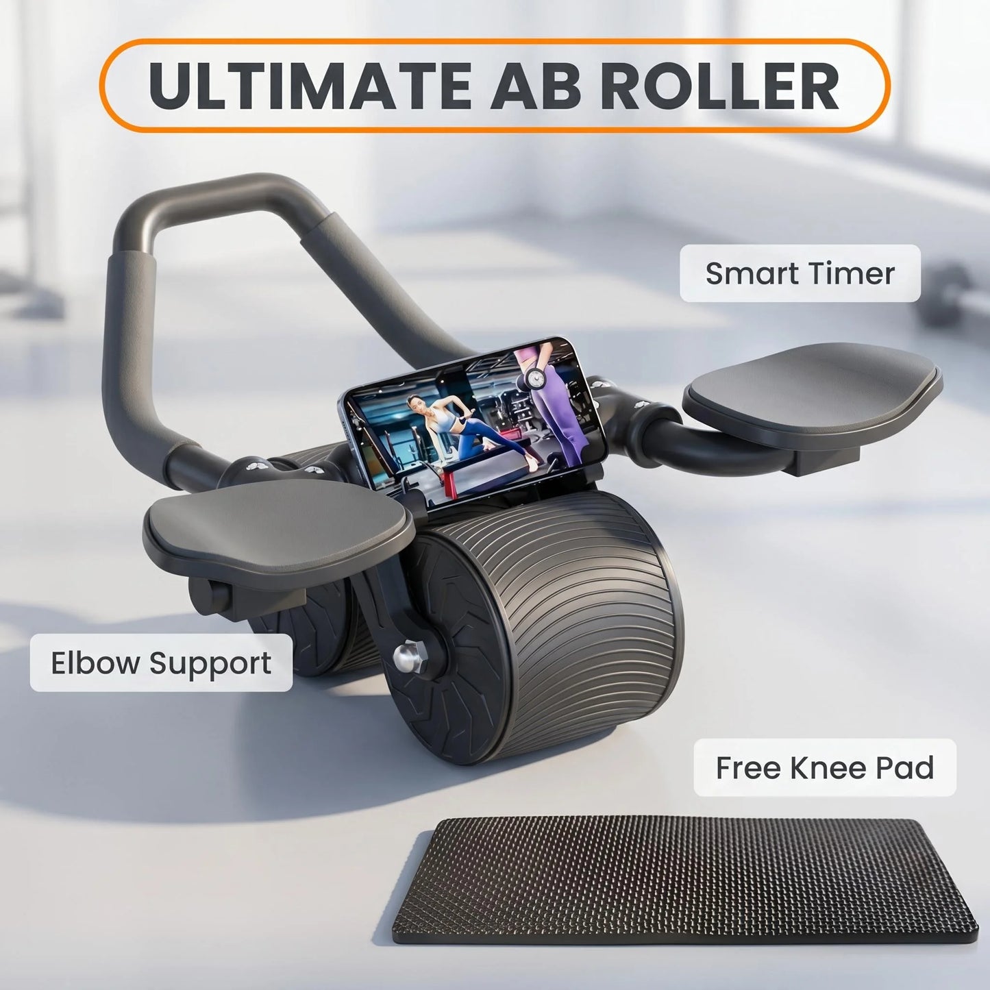 3 In 1 Ab Roller With Knee Pad Phone Holder Timer For Home Fitness