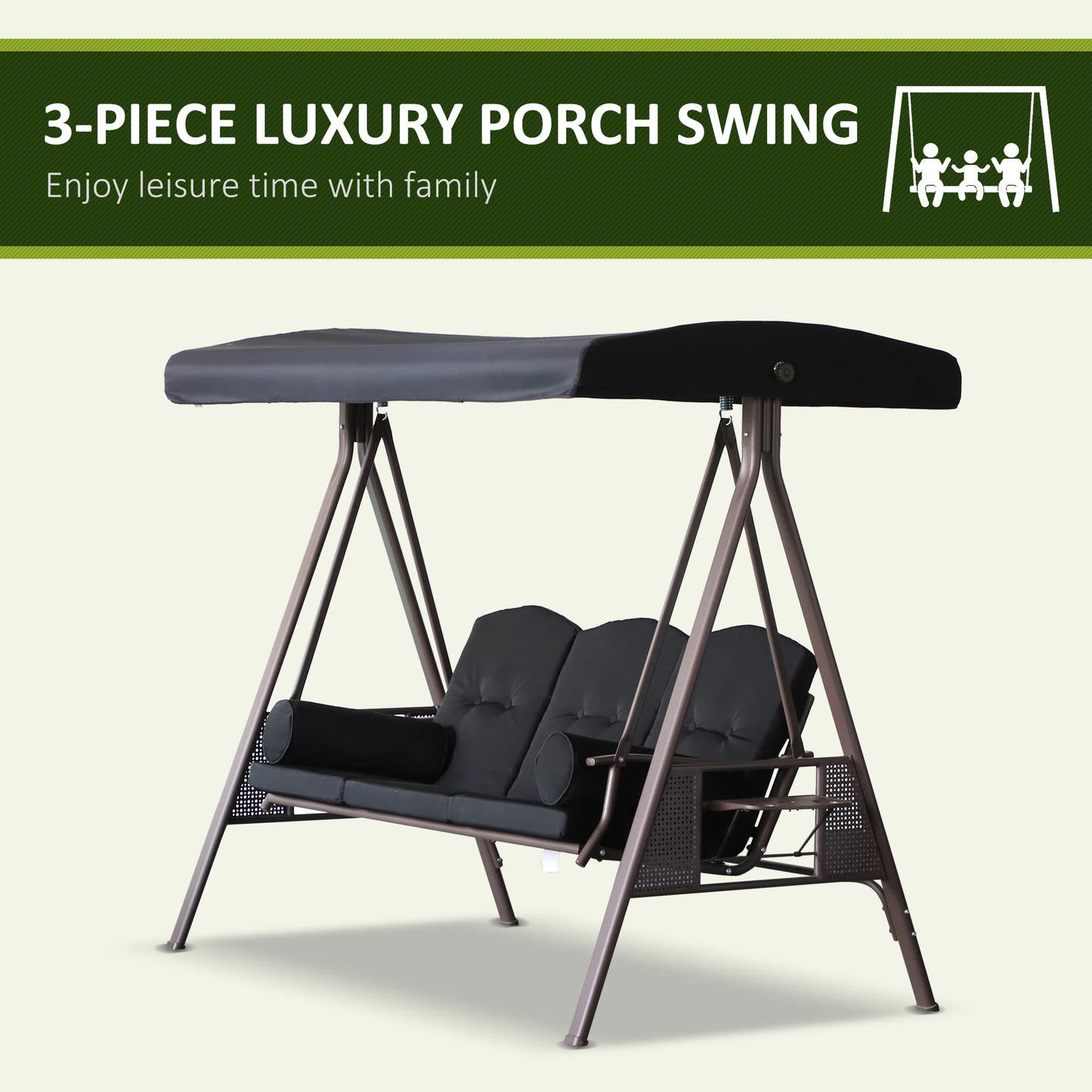 Outsunny 3 Person Outdoor Canopy Cushioned Bench Glider Swing