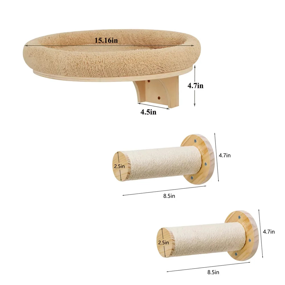 Cat Wall Mounted Solid Pine Wood Climbing Ladder With Hammock And Scratching Post