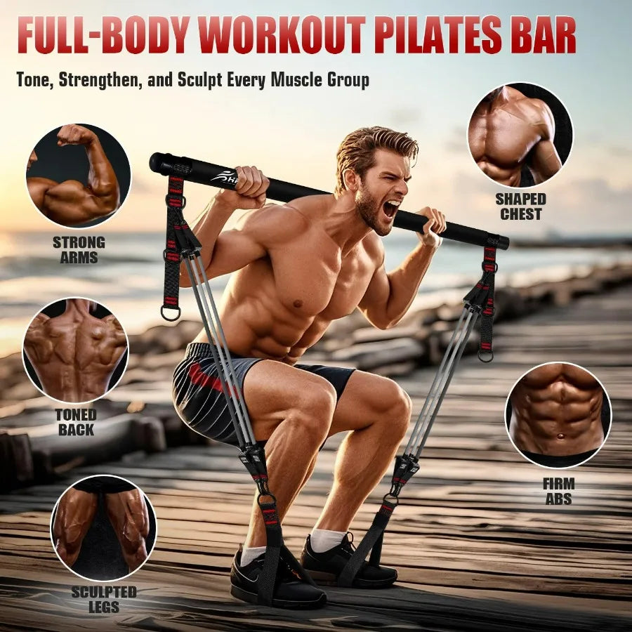 Pilates Bar Kit With Resistance Bands Heavy Duty Home Gym