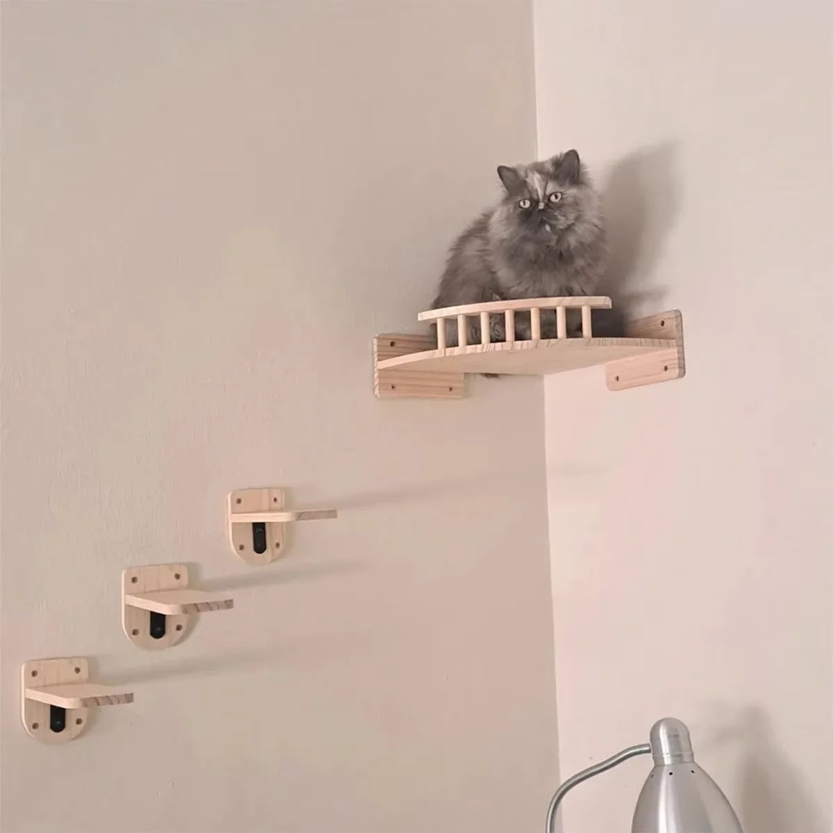 CWV Corner Cat Hammock With Steps Wall Mounted Cat Tree Indoor Pine Wood