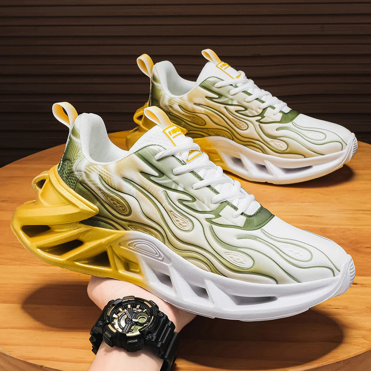 Unisex Flame Print Gradient Sneakers With Breathable Mesh Running Shoes