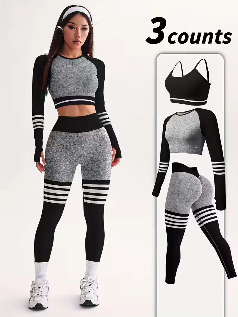3-Piece Women's Y2K Striped Tracksuit Set Crop Top Leggings Bra