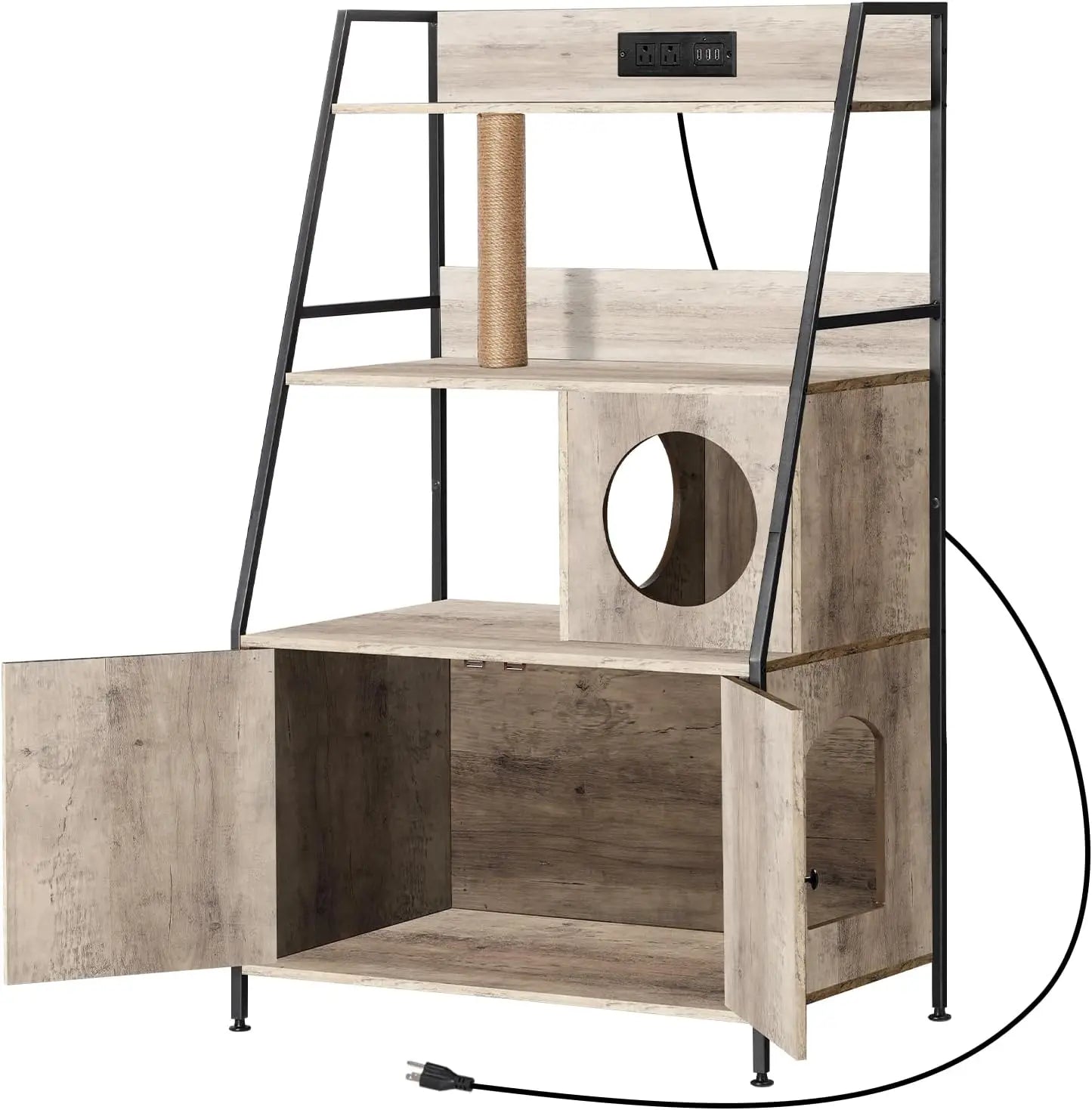 Cat Litter Box Enclosure With Shelves Charging Station Cat Tree