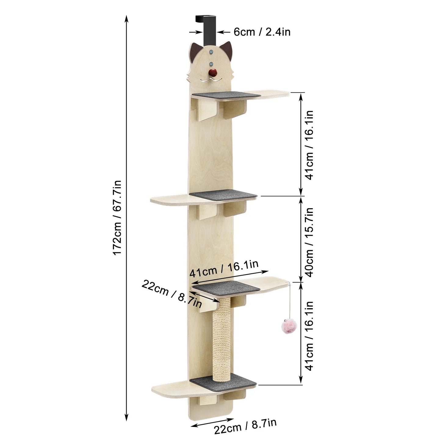 Door Hanging Cat Tree 4-Tier Over-Door Shelf With Scratching Post