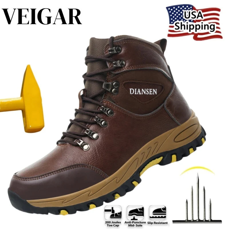 VEIGAR Waterproof Leather Safety Boots for Men Puncture Resistant