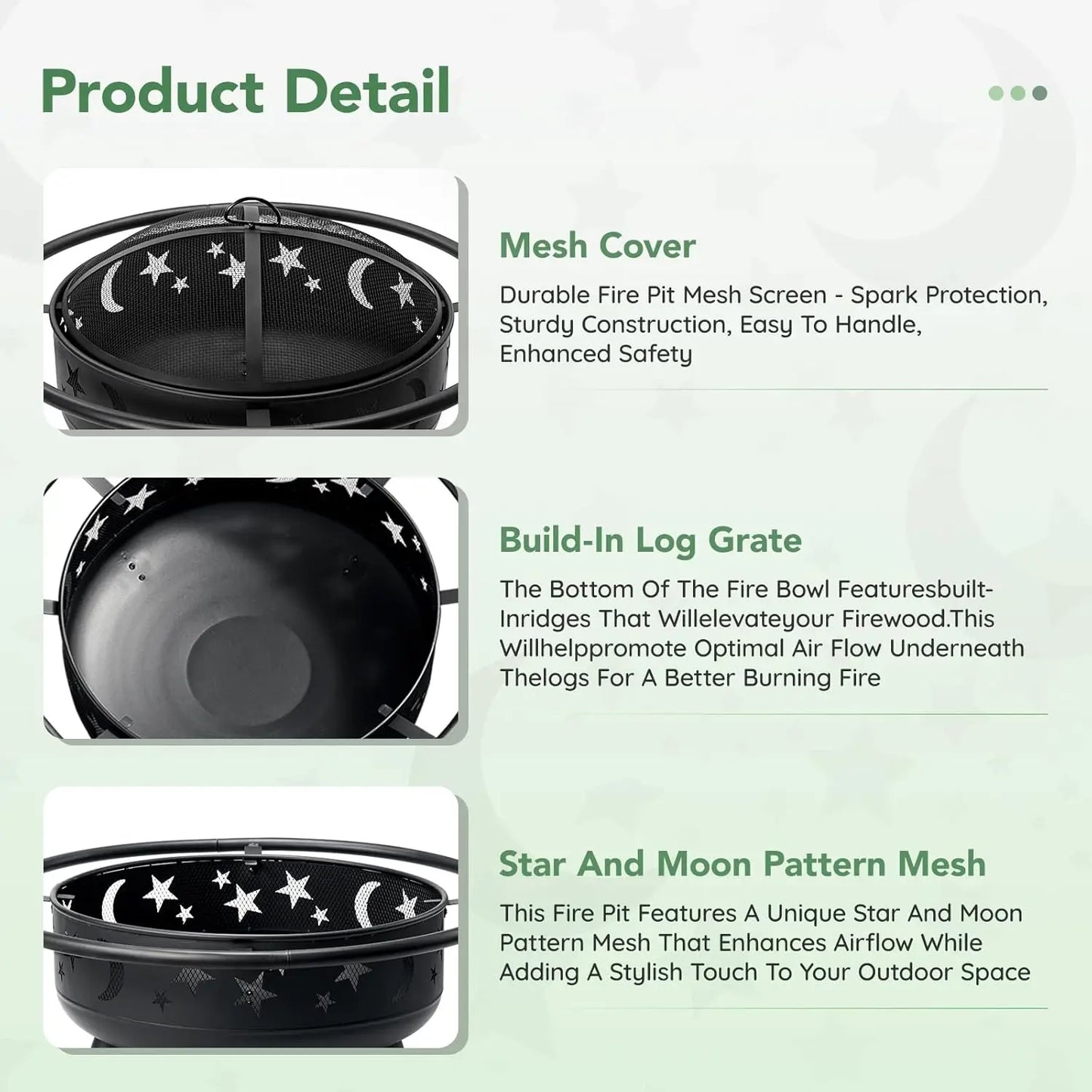Star Moon Round Fire Pit With Mesh Cover Wood Burning