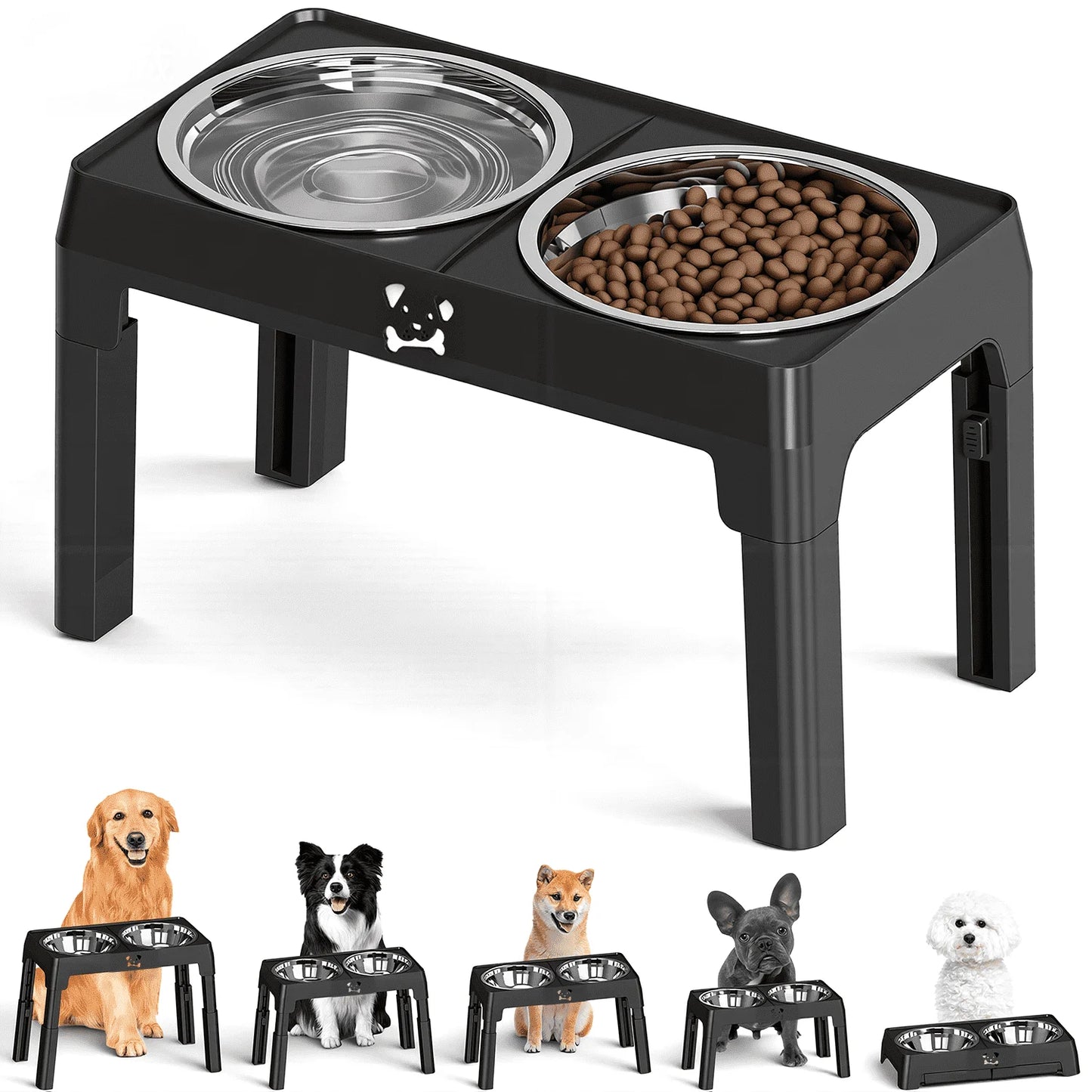 Raised Dog Bowls With Adjustable Heights And Stainless Steel Bowls