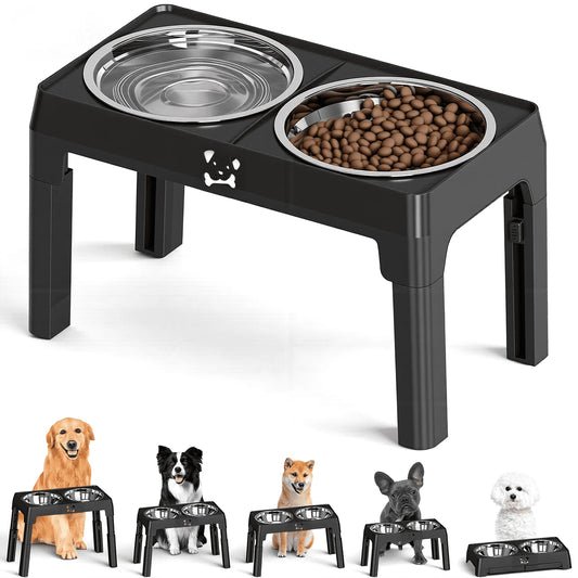 Raised Dog Bowls With Adjustable Heights And Stainless Steel Bowls