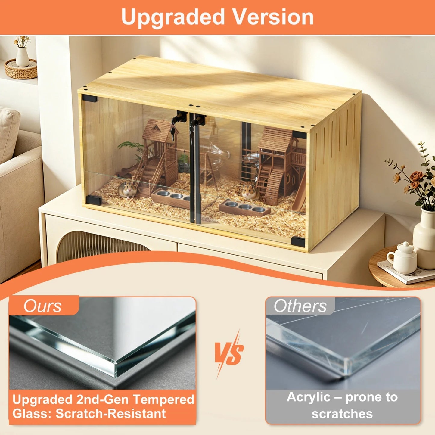 Wooden Small Animal Cage With Removable Divider And Tempered Glass Panels