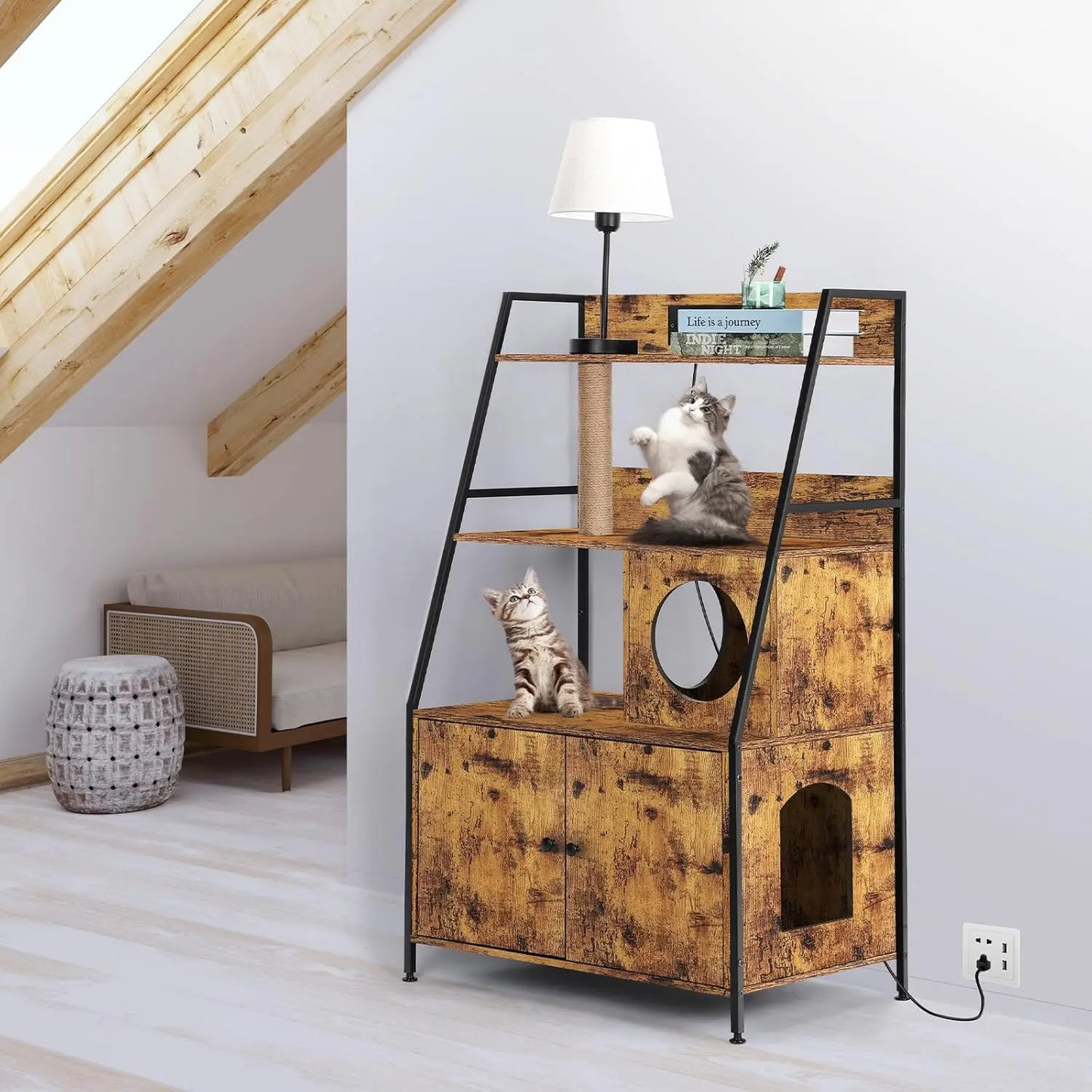 Cat Litter Box Enclosure With Shelves Charging Station Cat Tree