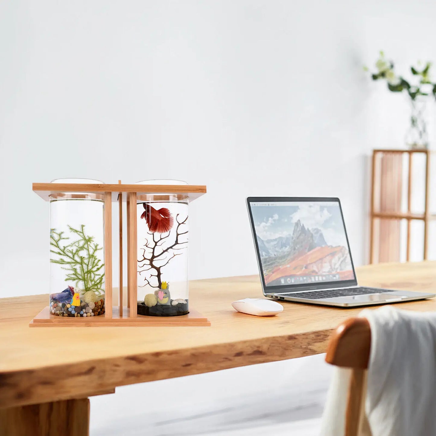 Bamboo Base Glass Betta Tank With LED Light Desktop Decor