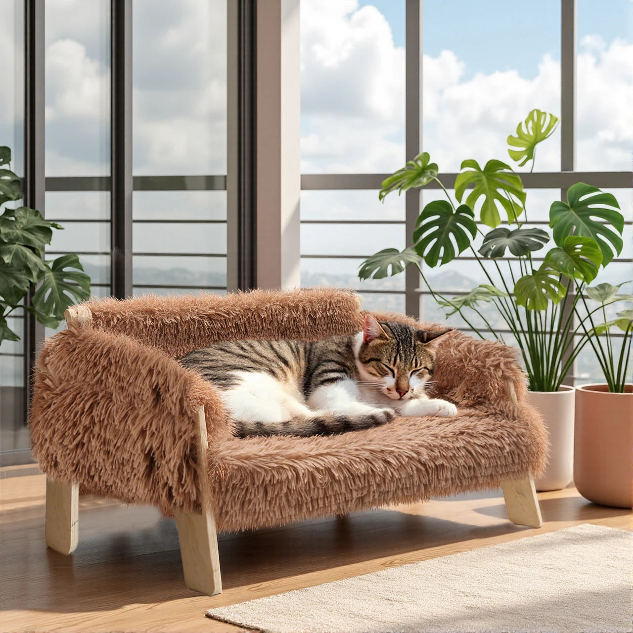 Raised Plush Cat Bed With Sturdy Wooden Legs For Cats