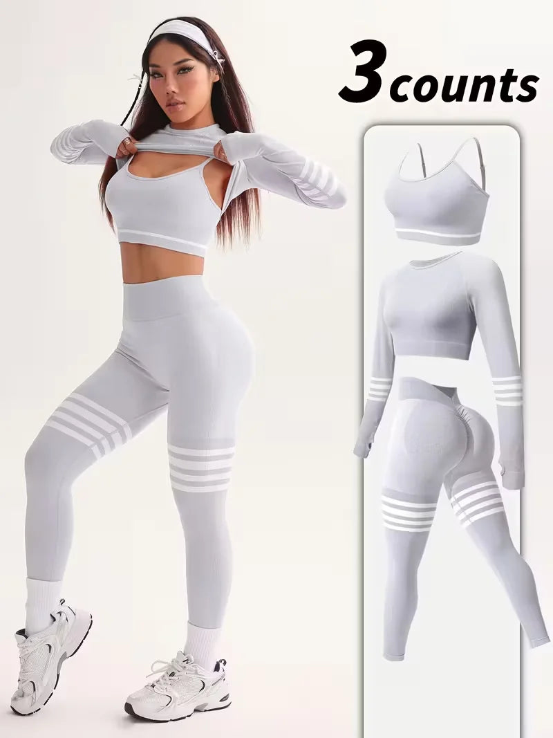 3-Piece Women's Y2K Striped Tracksuit Set Crop Top Leggings Bra
