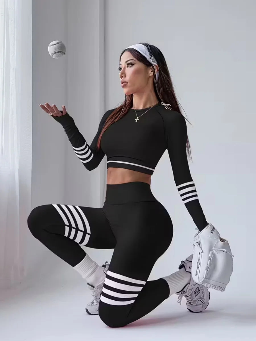 3-Piece Women's Y2K Striped Tracksuit Set Crop Top Leggings Bra