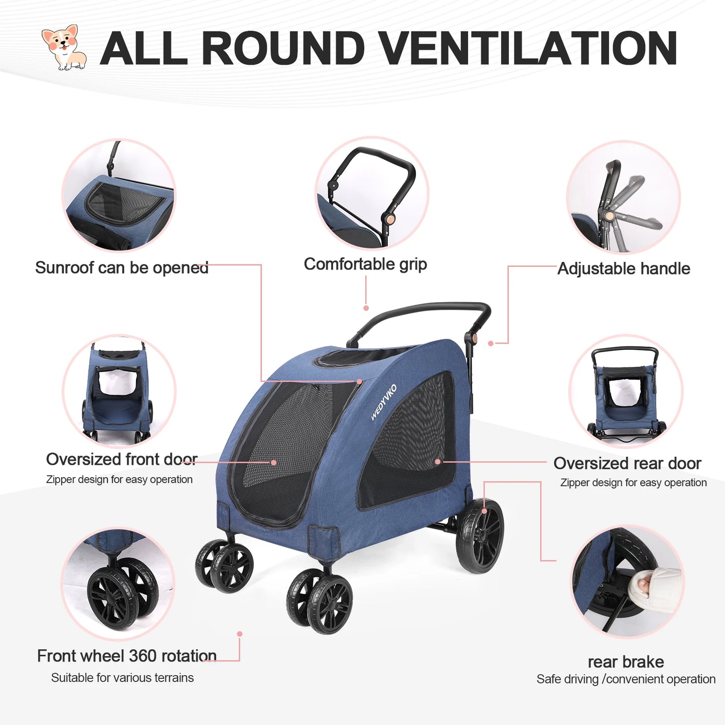 Heavy Duty Dog Stroller For Large Dogs Foldable With Ventilation