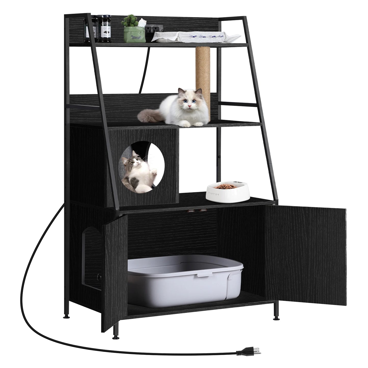 Cat Litter Box Enclosure With Shelves Charging Station Cat Tree