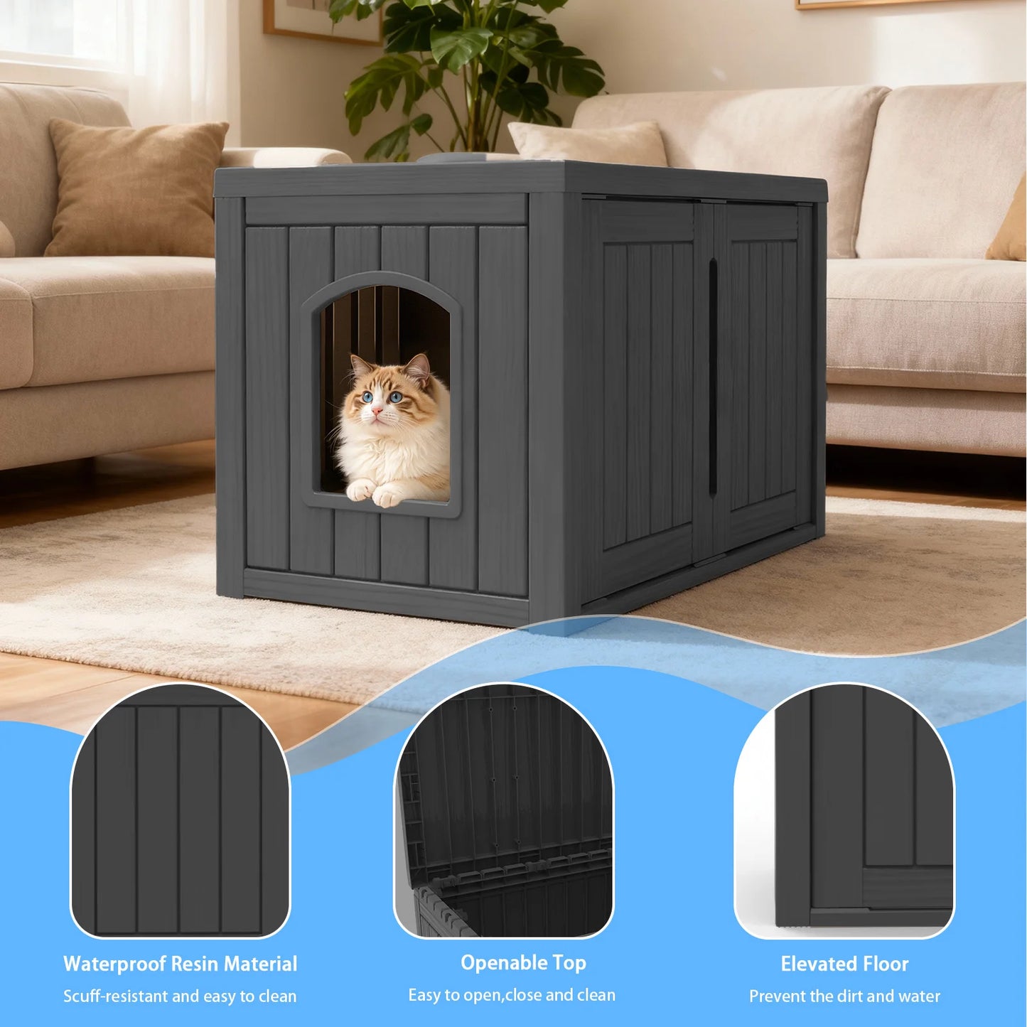 Hidden Resin Cat House With Double Doors Weatherproof Pet Shelter